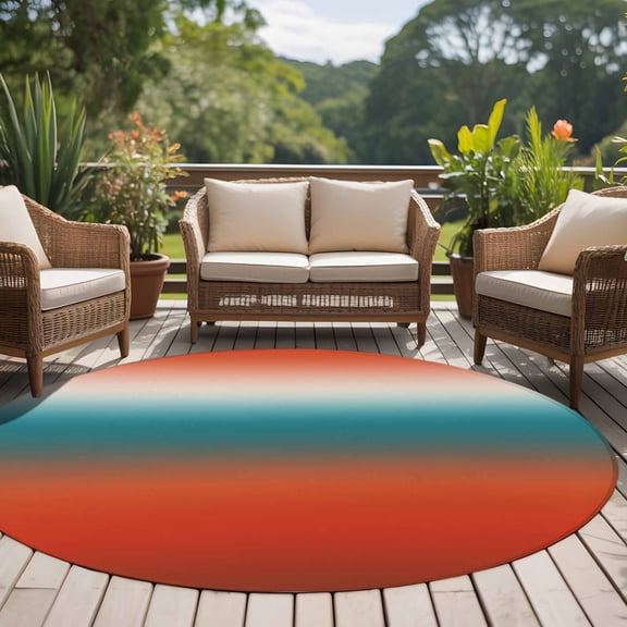 Bohemian Gradient Red 8ft Round Rug for Open Concept Living Room Seating Zone, Modern Minimalist Red Blue Ocean Beach Washable Non Slip Large Circle Area Rug