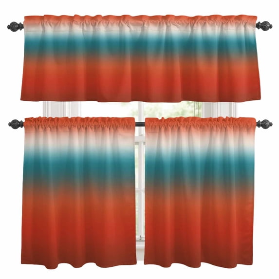 Bohemian Gradient Red Kitchen Curtains Valances and Tiers Set of 3 Modern Minimalist Red Blue Ocean Beach Tier Curtains and Valance with Rod Pocket for Small Windows, 27.5"x36"