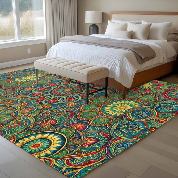 Bohemian Green Floral 6x9 Rug for Dining Room Table and Chair Setup, Boho Tribal Ethnic Abstract Geometric Flower Low Pile Washable Non Slip Rectangle Area Rug