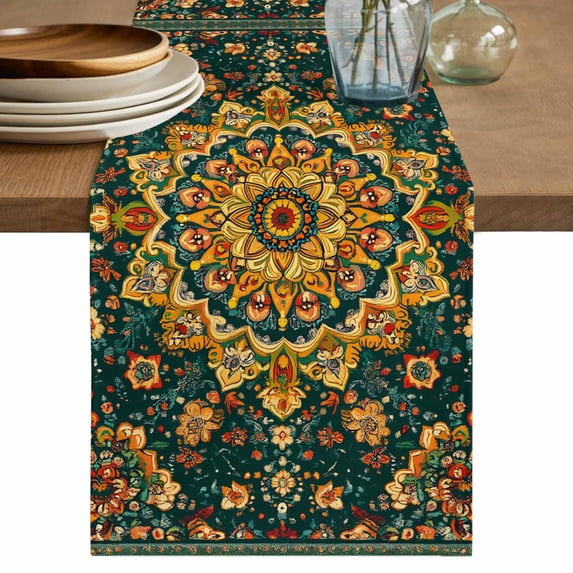 Bohemian Green Floral Pattern Table Runner, Vintage Boho Tribal Gold Flower Leaf Cotton Linen Kitchen Table Decoration Washable Dining Tabletop Runners for Home Party Decor 13x108 Inches