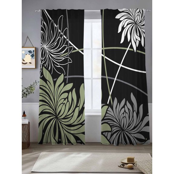 Bohemian Green Floral Sheer Curtains 84 inches Long, Modern Artistic Grey White Flowers Curved Lines Light Filtering Sheer Window Curtains Rod Pocket Voile Drapes for Bedroom Living Room, 2 Panels