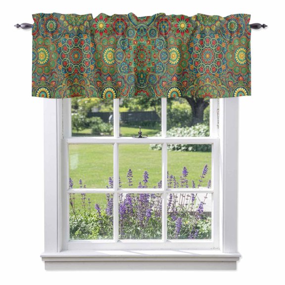 Bohemian Green Floral Valance Curtain for Windows Boho Tribal Ethnic Abstract Geometric Flower Rod Pocket Curtain Valances Short Window Treatments for Kitchen Bathroom Laundry Basement 56 x 16 Inch