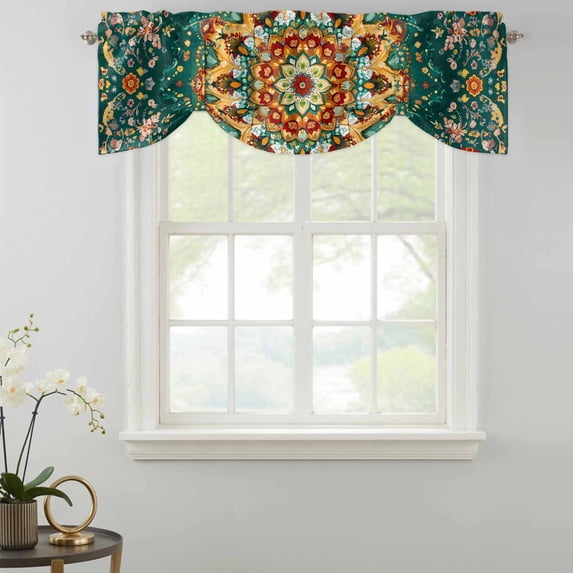 Bohemian Green Flower Pattern Tie Up Valances Curtain, Vintage Boho ...