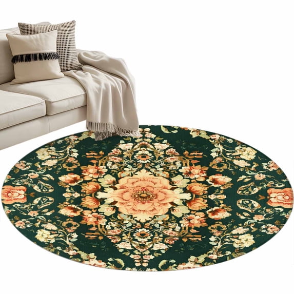 Bohemian Green Flower Pattern Washable Round Area Rug 3 ft, Vintage ...