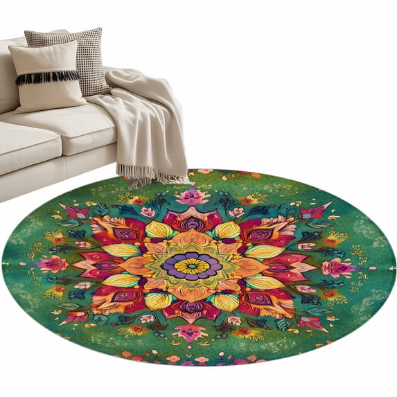 Bohemian Green Flower Pattern Washable Round Area Rug 4 ft, Vintage Tribal Ethnic Colorful Floral Leaf , Soft Non Slip Rugs Stain Repellent Indoor Felt Carpet for Living Dining Room Bedroom Office