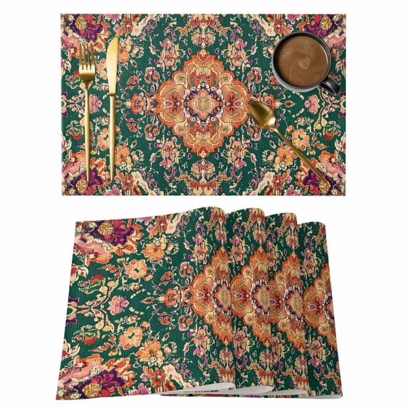 Bohemian Green Flower Placemats Set of 6, Vintage Boho Tribal Orange Floral Leaf Pattern Non-Slip Place Mats Washable Table Mats for Kitchen Dining Table Decorations Indoor/Outdoor