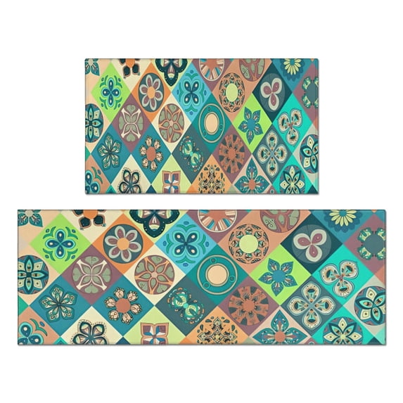 Bohemian Green Geometric Design Kitchen Rugs and Mats Sets Of 2, Funny Kitchen Decoration Rubber Backing Non-Slip Absorbent Mats for Sink Waterproof Runner Rug for Laundry Room 17x30+17x48inch