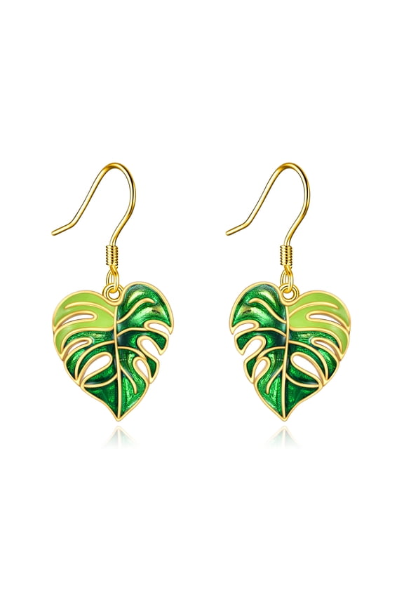 Bohemian Green Leaf Earrings for Women Sterling Silver Tropical Monstera Dangle Drop Earrings Boho Vaction Jewelry