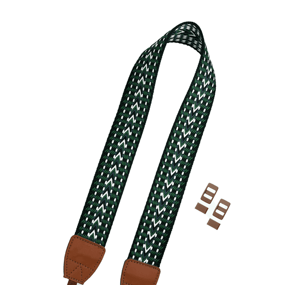 Bohemian Green Pattern Camera Strap Dark Green Woven Polyester Neck & Shoulder Strap with Leather Ends, 52.81.5 in Durable Vintage Camera Strap with Mounting Buckles