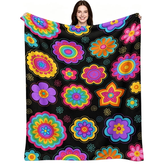 Bohemian Groovy Floral Retro Print, Flannel Fleece, Psychedelic 70s Style, Cozy Throw Blanket, Cheerful Happy Vibe, Eclectic Decor, Ideal for Couch Bedroom