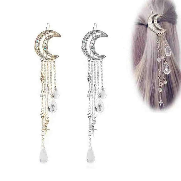 Bohemian Hair Accessories - Moon Star Hair Clip with Paved Crystals, Silver Dangle Rhinestone Tassel Headclip for Women and Girls (Silver)
