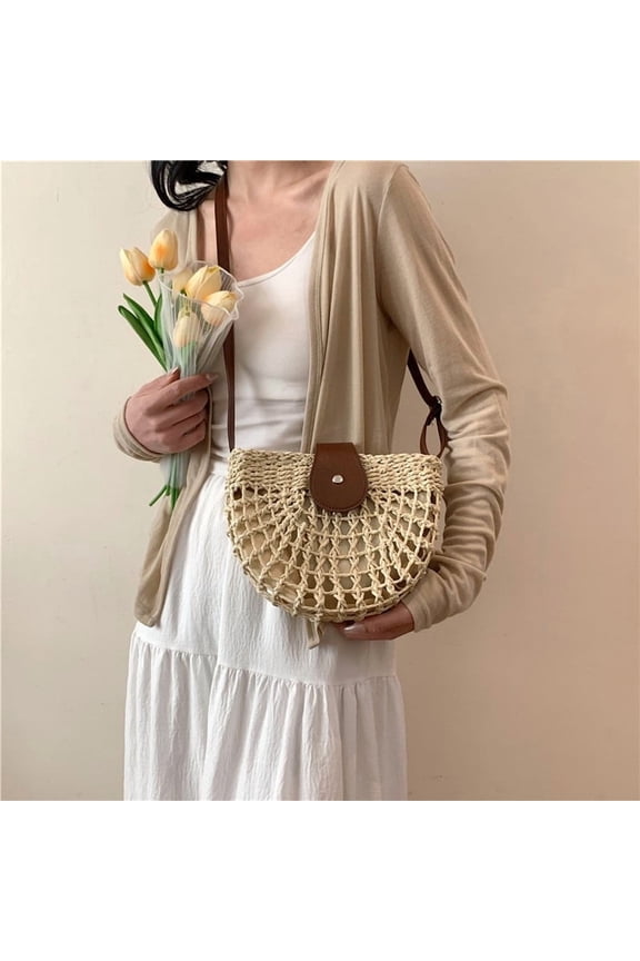 Bohemian Half-Moon Straw Crossbody Bag, Hollow Woven Summer Beach Tote for Women