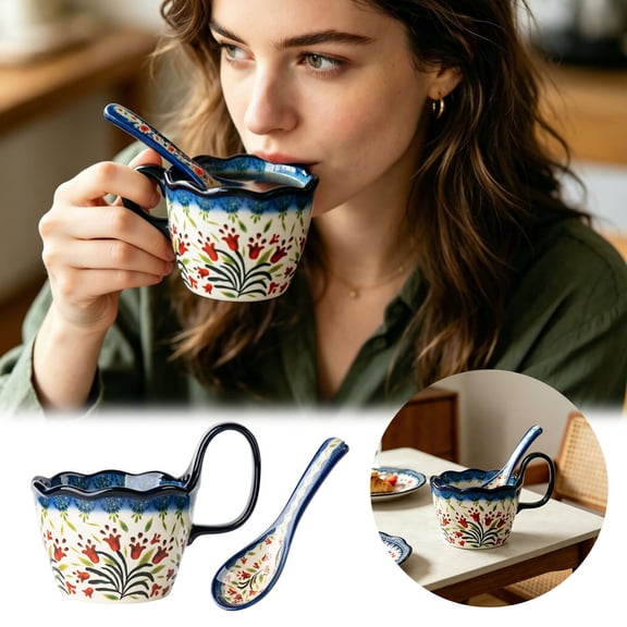 Bohemian Hand Painted Floral Ceramic Soup Mug Set with Matching Spoon, Vintage Polish Style Large Coffee Bowl Microwave Dishwasher Safe for Cereal Oatmeal Soup Home Decor Gift