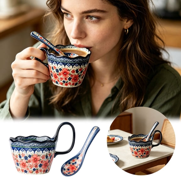 Bohemian Hand Painted Floral Ceramic Soup Mug Set with Matching Spoon, Vintage Polish Style Large Coffee Bowl Microwave Dishwasher Safe for Cereal Oatmeal Soup Home Decor Gift