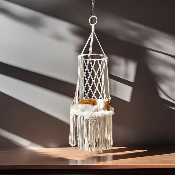 Bohemian Hand-Woven Cat Hammock Swing, Macrame Pet Bed - Hanging Cat Basket Chair, Breathable Indoor Cat Furniture, Mother's Day Gift for Cat Lovers, Cushion Not Included