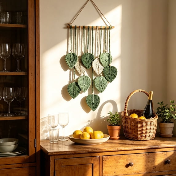 Bohemian Hand Woven Leaf Macrame Wall Hanging, 40x68cm Boho Tapestry for Bedroom Living Room, Cotton Rope Wall Art with Hanging Loop for Home Decor and Housewarming Gift