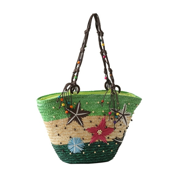 Bohemian Hand-embroidered Starfish Straw Bag Beaded Women Woven Handbag (Green)