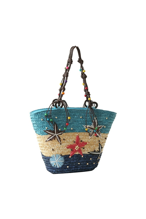 Bohemian Hand-embroidered Starfish Straw Bag Beaded Woven Handbag for Party Blue