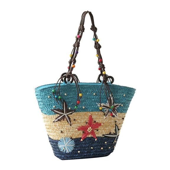 Bohemian Hand-embroidered Starfish Straw Bag Beaded Woven Handbag for Party Blue