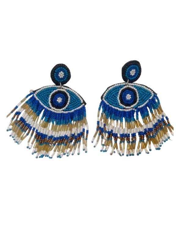 QRIXLOOM Blue Beaded Fringe Earrings Handmade Bohemian Seed Bead Lightweight Statement Jewelry for Women
