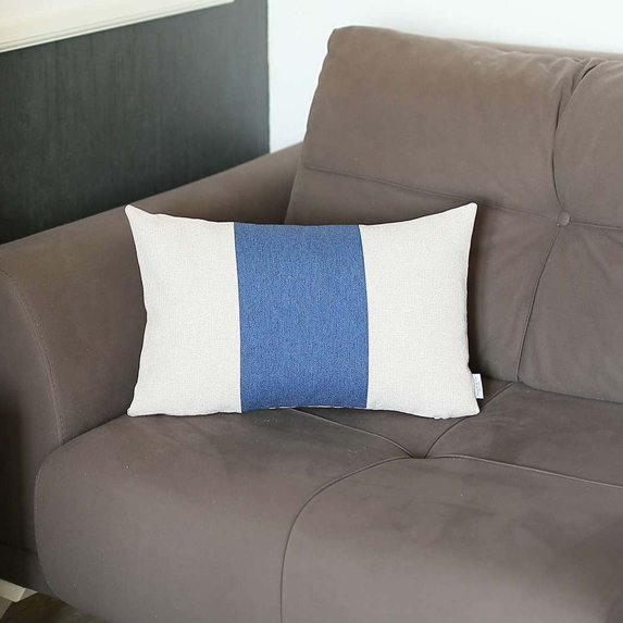 Bohemian Handmade Decorative Throw Pillow Solid Jacquard 12" x 20" Ivory & Blue Lumbar Pillowcase for Couch, Bedding