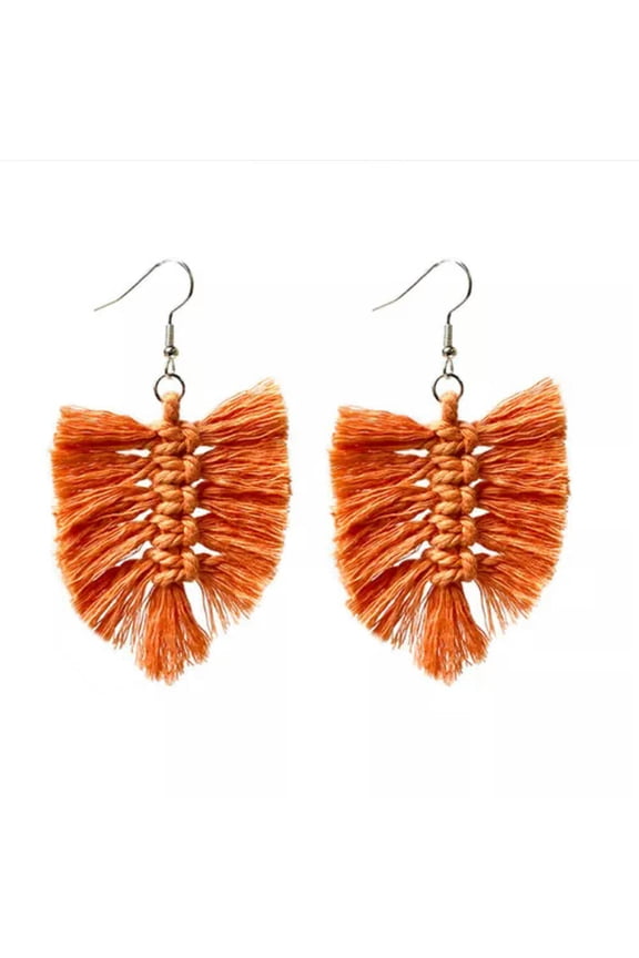 Bohemian Handmade Woven Cotton Tassel Statement Earrings Leaf Macrame Jewelry