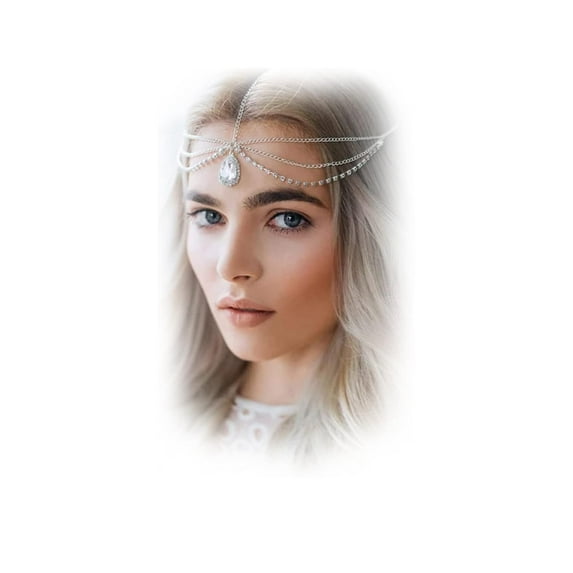 Bohemian Head Chain Crystal Teardrop Forehead Chain Rhinestone Headpiece Wedding Prom Party Festival Hair Jewelry for Women (Silver)