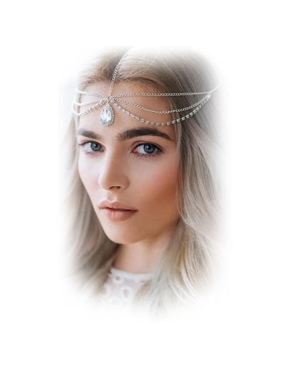Bohemian Head Chain Crystal Teardrop Forehead Chain Rhinestone Headpiece Wedding Prom Party Festival Hair Jewelry for Women (Silver)