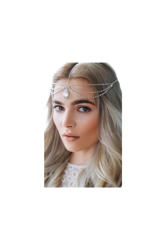 Bohemian Head Chain Crystal Teardrop Forehead Chain Rhinestone Headpiece Wedding Prom Party Festival Hair Jewelry for Women and Girls (Gold)