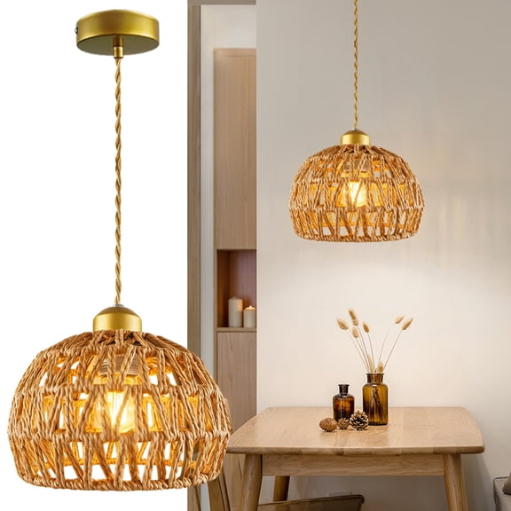 Bohemian Hemp Rope Pendant Light, Dome-Shaped Woven Hanging Lamp, Adjustable Height, Gold Finish, 1-Light Fixture for Kitchen Island Bedroom Living Room