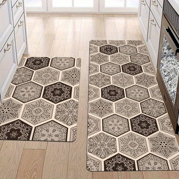 Bohemian Hexagon Flannel Kitchen Mat with 0.39" Sponge Base, Soft Polyester for Bathroom Hallway Sink Laundry Room