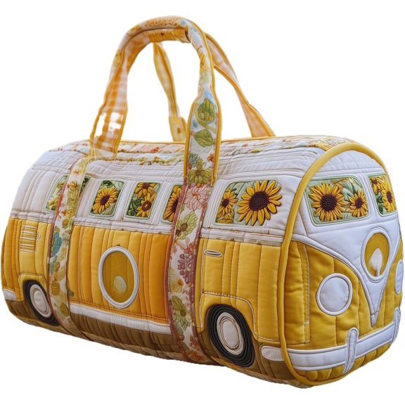 Bohemian Hippie Bus Quilted Duffel Bag, Stylish Women's Large Capacity Weekend Bag with Vibrant Floral Print (YS2,G280- (16X8X8) inch)
