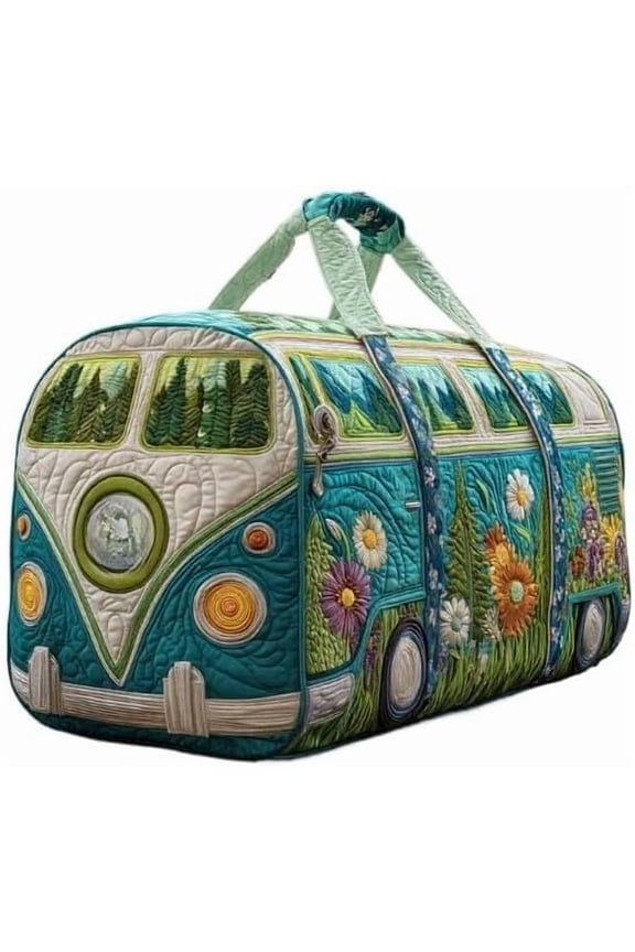 Bohemian Hippie Bus Quilted Duffel Bag, Stylish Women's Large Capacity Weekend Bag with Vibrant Floral Print (YS22,G362- (18X9X9) inch)
