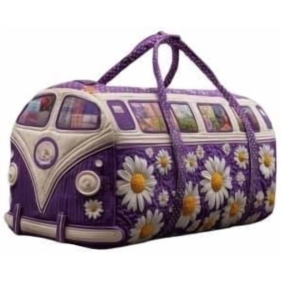 Bohemian Hippie Bus Quilted Duffel Bag, Stylish Women's Large Capacity Weekend Bag with Vibrant Floral Print (YS24,G280- (16X8X8) inch)