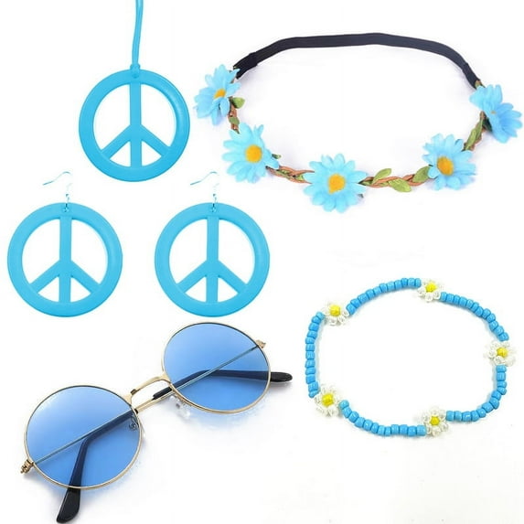 Bohemian Hippie Carnival Glasses and Peace Symbol Logo Earrings Necklace Wreath Headband suit - style:style 37;
