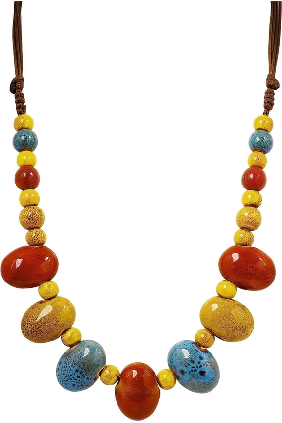 Bohemian Hippie Colorful Ceramic Geometric Bead Strand Necklace, Vintage Boho Statement Jewelry Gift for Women