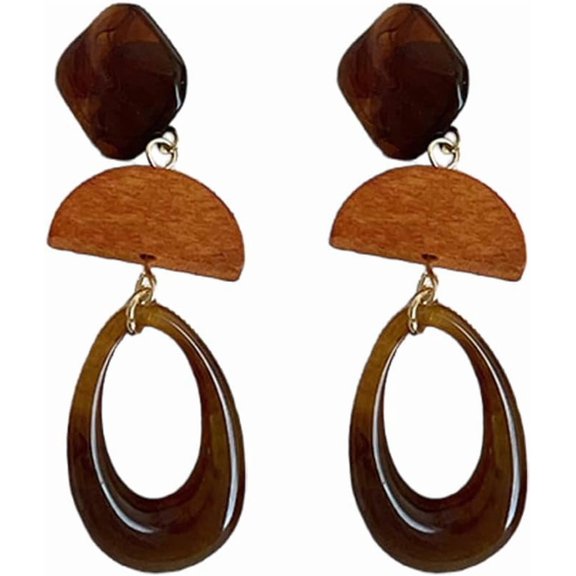 Bohemian Hollow Oval Dangle Drop Earrings for Women Vintage Boho Resin Wooden Geometric Teardrop Dangling Statement Earring Fashion Unique Ethnic Wedding Party Birthday Jewelry