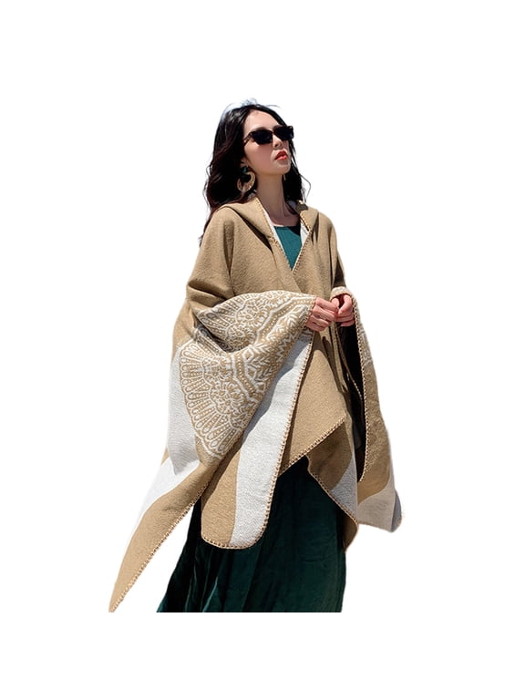 Bohemian Hooded Poncho Shawl Wrap for Women Winter Autumn Warm Knitted Blanket Open Front Sweater Coat Cardigan