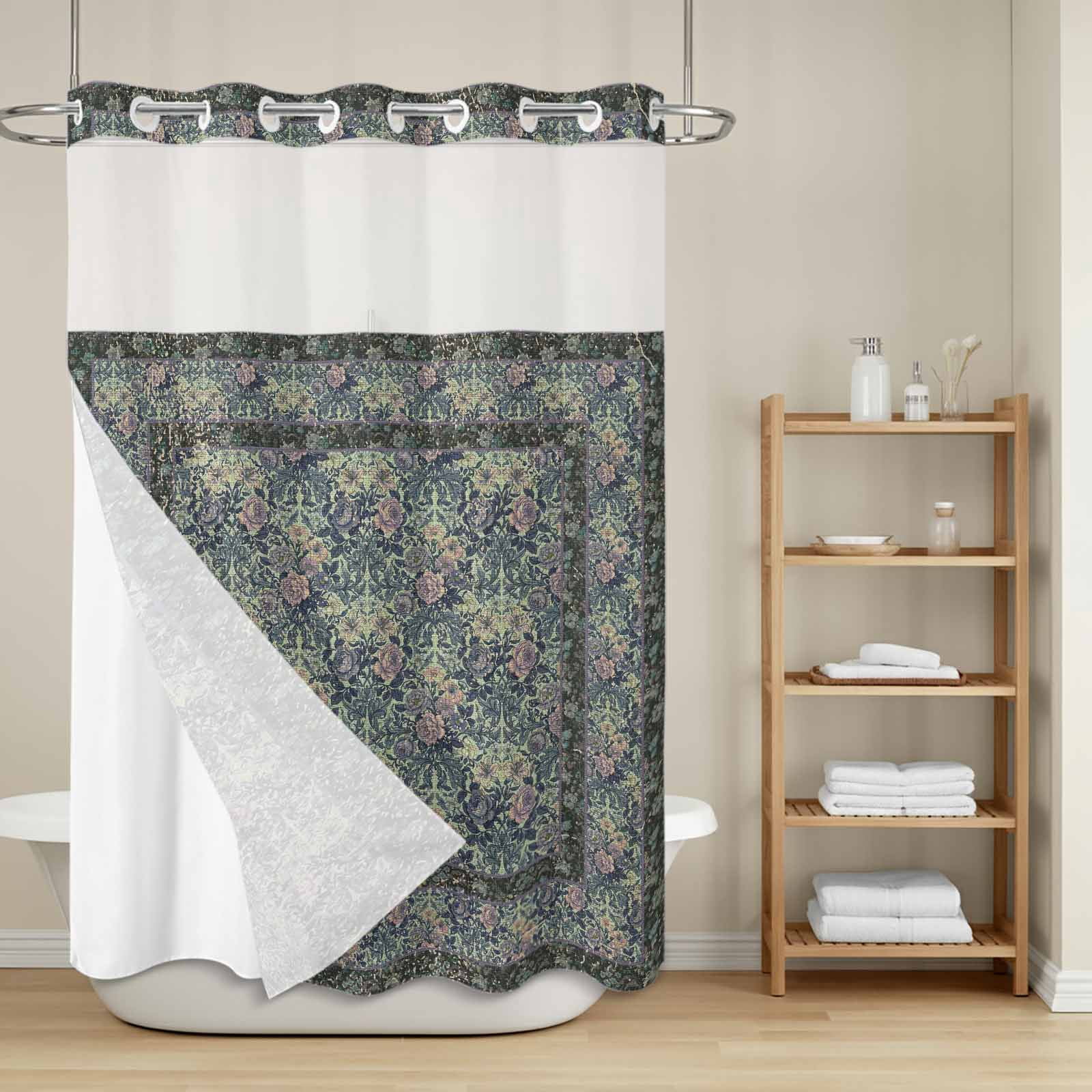 Bohemian No Hook Shower Curtain with Snap in Liner, Green Vintage ...