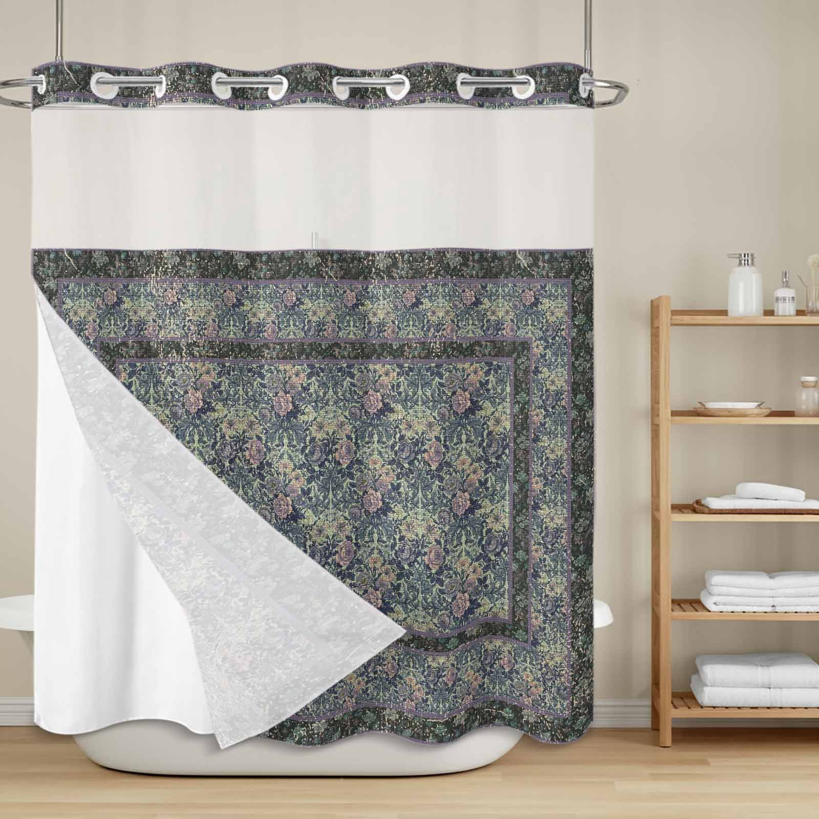Bohemian No Hook Shower Curtain with Snap in Liner, Green Vintage ...