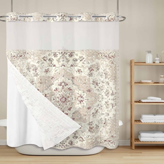 Bohemian No Hook Shower Curtain with Snap in Liner, Vintage Distressed Beige Ethnic Geometric Floral Waterproof Shower Curtains with See Through Top Window Liner for Bathroom, 66x72 Inches