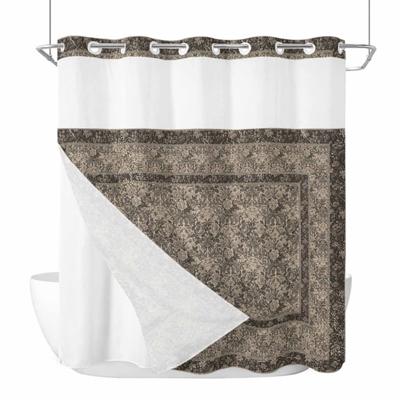 Bohemian No Hooks Shower Curtain with Snap-in Liner Dark Green Vintage Flowers Texture Traditional Ethnic Shower Curtains for Bathroom, Waterproof, Easy Install, Washable 72"x72"