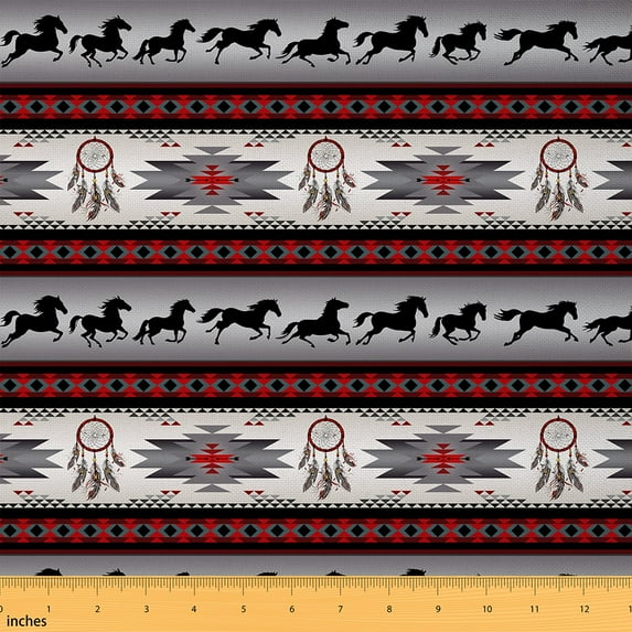 Bohemian Horse Fabric By The Yard,Dreamcatcher Animals Upholstery Fabric,Boho Geometric Exotic Indoor Outdoor Fabric,Baroque Vintage Decorative Fabric,Red Black,10 Yards