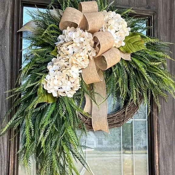 Bohemian Hydrangea Wreath for Front Door, 18 x 24 In Artificial Spring Wreath with Linen Bow & Greenery for Porch & Home Decor
