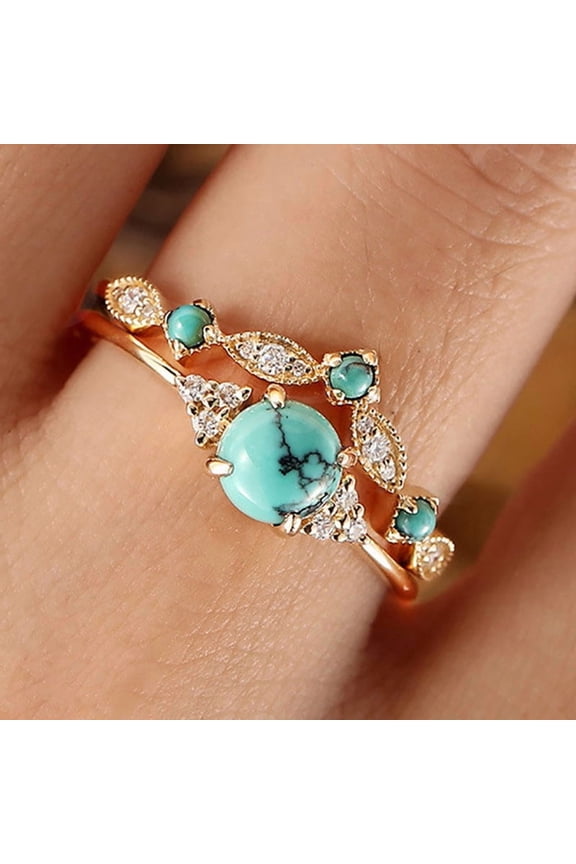 Bohemian Imitation Turquoise with Cubic Zirconia Double Layer Ring Women's Classical and Elegant Jewelry Accessories
