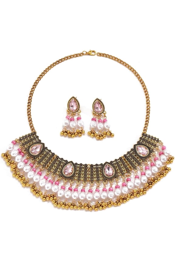 Bohemian Indian Bride Wedding Jewellery Set for Women Traditional Oxidized Ethnic Style Necklace Dangle Earring Tassel Beaded Cubic Zirconia Choker Tribal Bollywood Jhumka Jewelry Gift