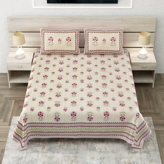 Bohemian Indian Cotton Bedding Set King Size Bedspread & Pillow Covers with Floral Design(ACSHJK_1016_BG)