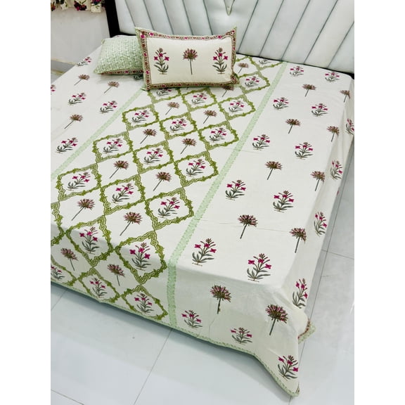 Bohemian Indian Cotton Bedding Set Oversized Queen Bedspread & Pillow Covers with Floral Design(ARBCA_1402_WH)
