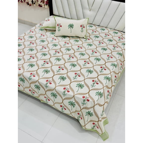 Bohemian Indian Cotton Bedding Set  Oversized Queen Bedspread & Pillow Covers with Floral Design(ARBCA_1424_WH)