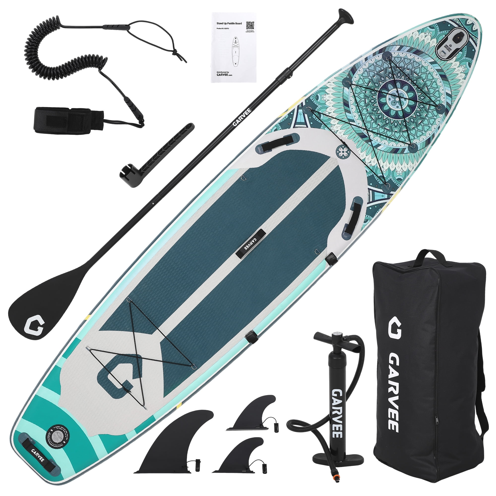 Bohemian Inflatable Stand Up Paddle Board with Accessories, EVA Non-Slip Deck, 3 Removable Fins, Adjustable Paddle, Pump, Leash & Backpack, All-Around iSUP for Adults & Youth, 11.5', Deep Green